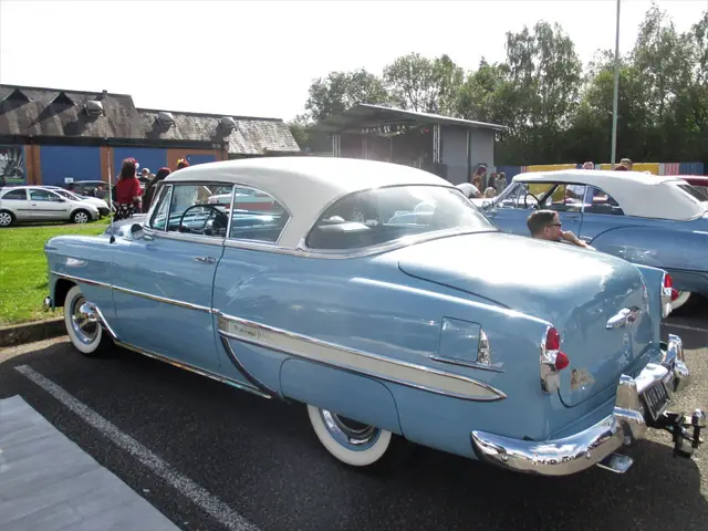 A light blue 1950s hardtop with whitewall tyres